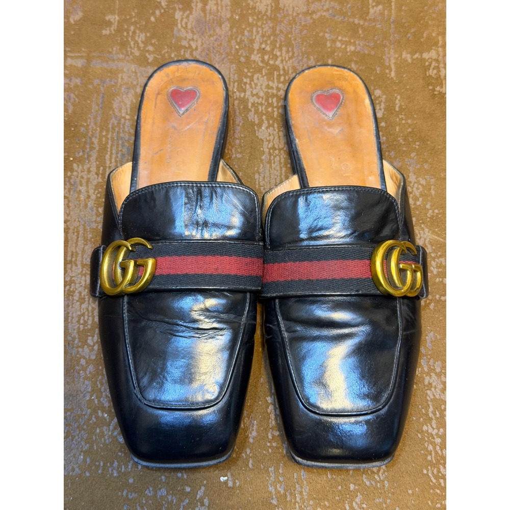 Gucci Black Leather Double G Web Stripe Square Toe Mules Loafers Italy 37
